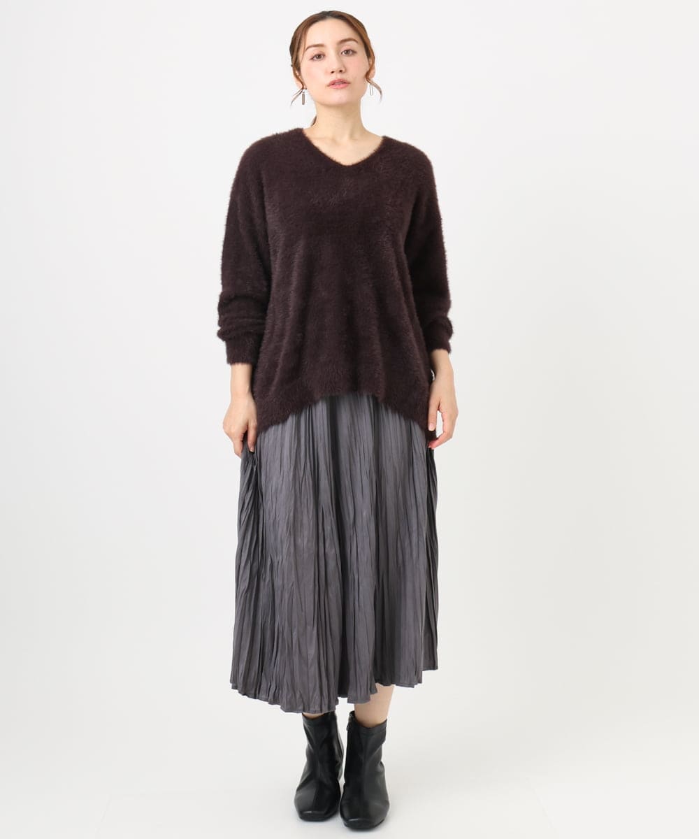 OLFBD19069 eur3(エウルキューブ) 【WEB先行販売】【大きいサイズ/a.v.v×eur3】フェザーヤーンVネックニット ダークブラウン(87)