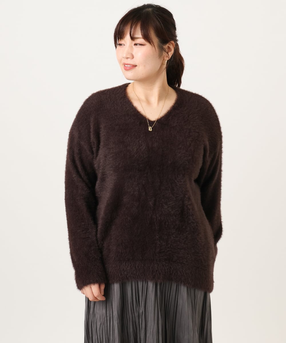 OLFBD19069 eur3(エウルキューブ) 【大きいサイズ/a.v.v×eur3】フェザーヤーンVネックニット ダークブラウン(87)