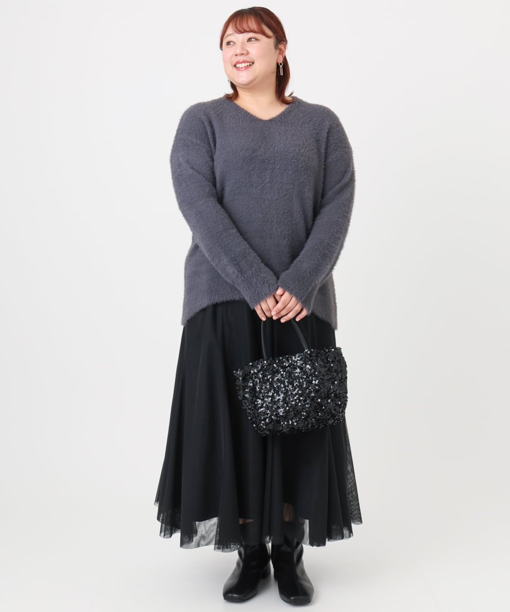 OLFBD19069 eur3(エウルキューブ) 【WEB先行販売】【大きいサイズ/a.v.v×eur3】フェザーヤーンVネックニット ダークグレー(93)