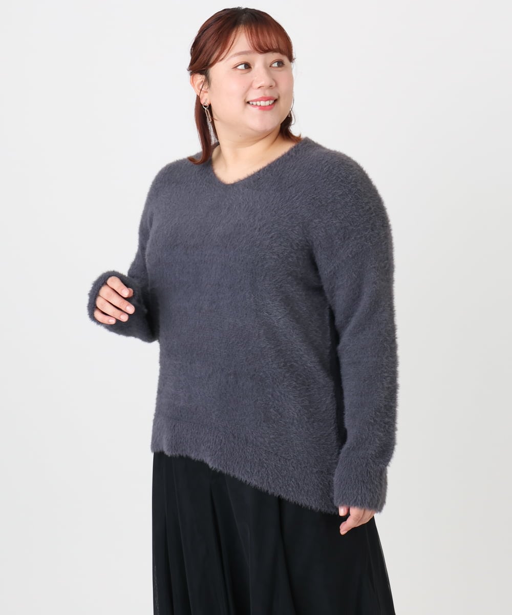 OLFBD19069 eur3(エウルキューブ) 【WEB先行販売】【大きいサイズ/a.v.v×eur3】フェザーヤーンVネックニット ダークグレー(93)