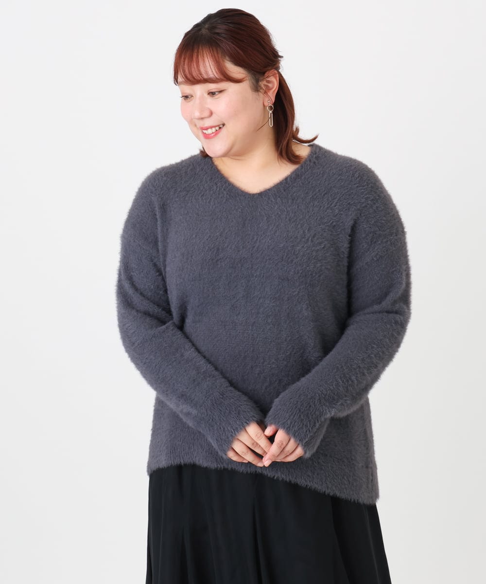 OLFBD19069 eur3(エウルキューブ) 【WEB先行販売】【大きいサイズ/a.v.v×eur3】フェザーヤーンVネックニット ダークグレー(93)