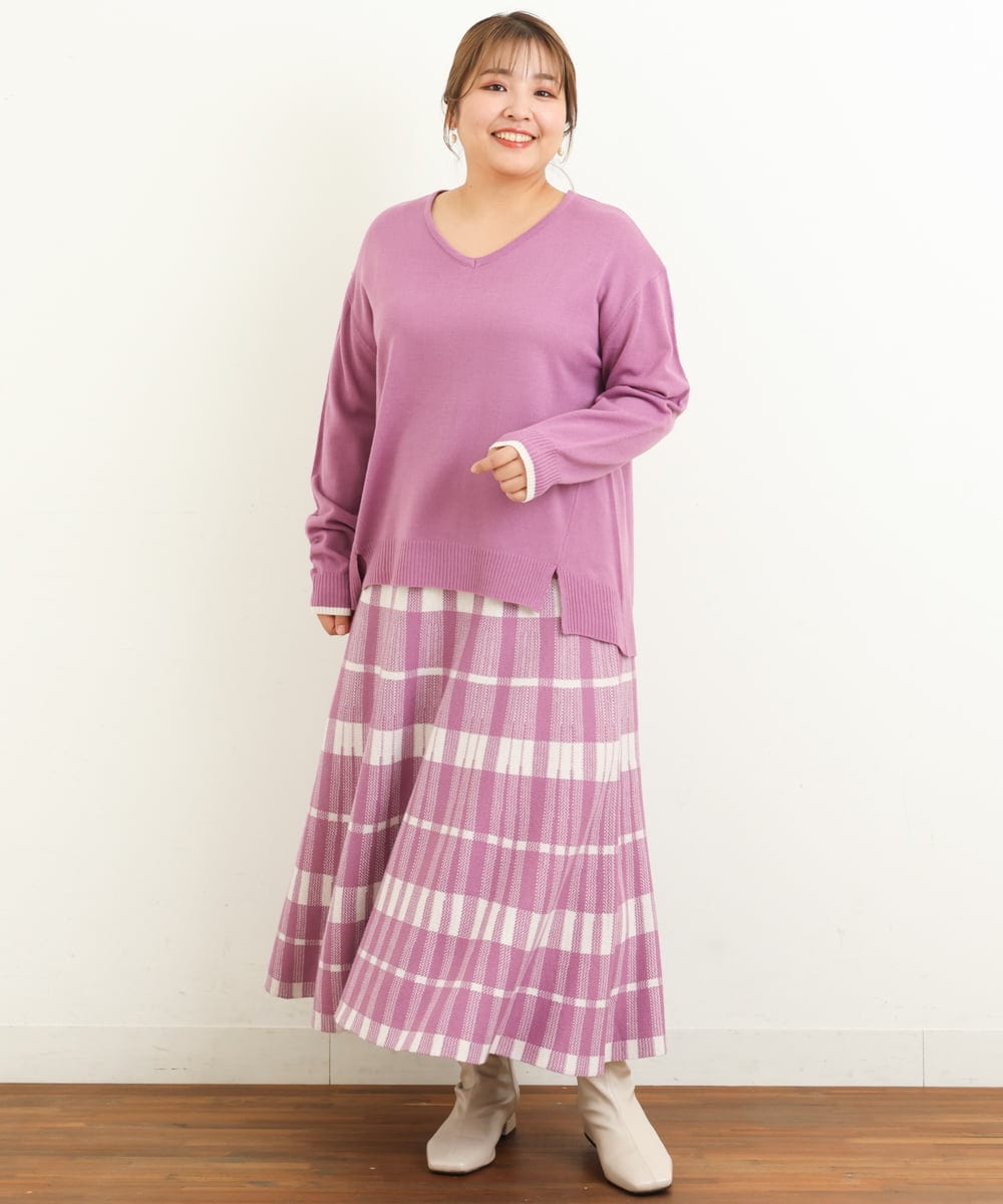 OLFBS15080 eur3(エウルキューブ) 【大きいサイズ】Vネックアクリルジャガードニット ピンク(03)