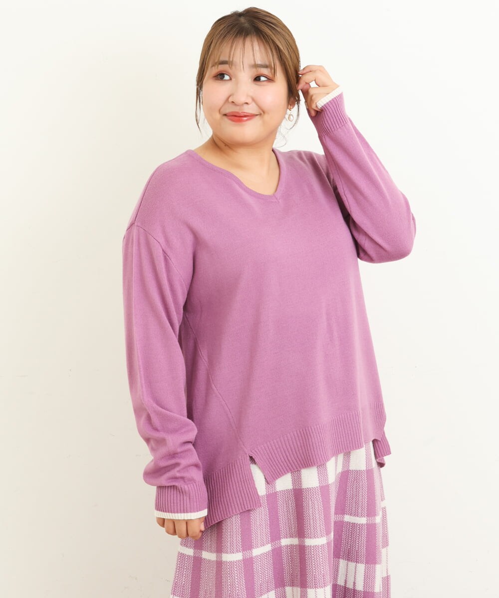 OLFBS15080 eur3(エウルキューブ) 【大きいサイズ】Vネックアクリルジャガードニット ピンク(03)