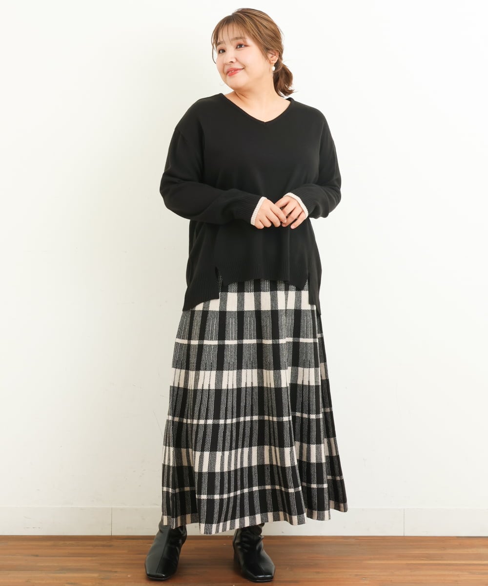 OLFBS15080 eur3(エウルキューブ) 【大きいサイズ】Vネックアクリルジャガードニット ブラック(94)