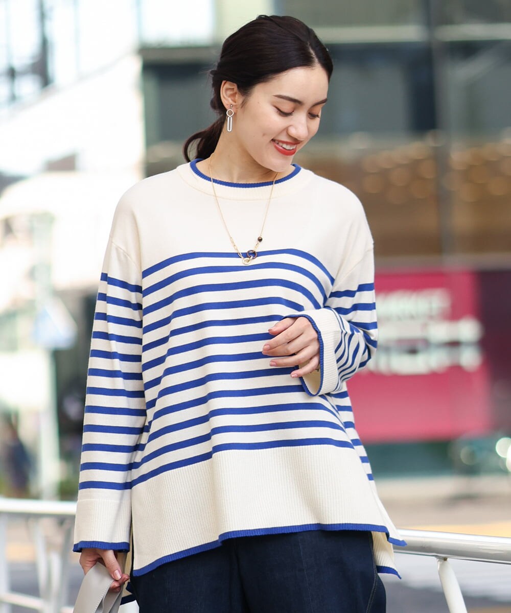 OLFBS17080 eur3(エウルキューブ) 【大きいサイズ】バスクボーダーニット ブルー(55)(WEB限定カラー)