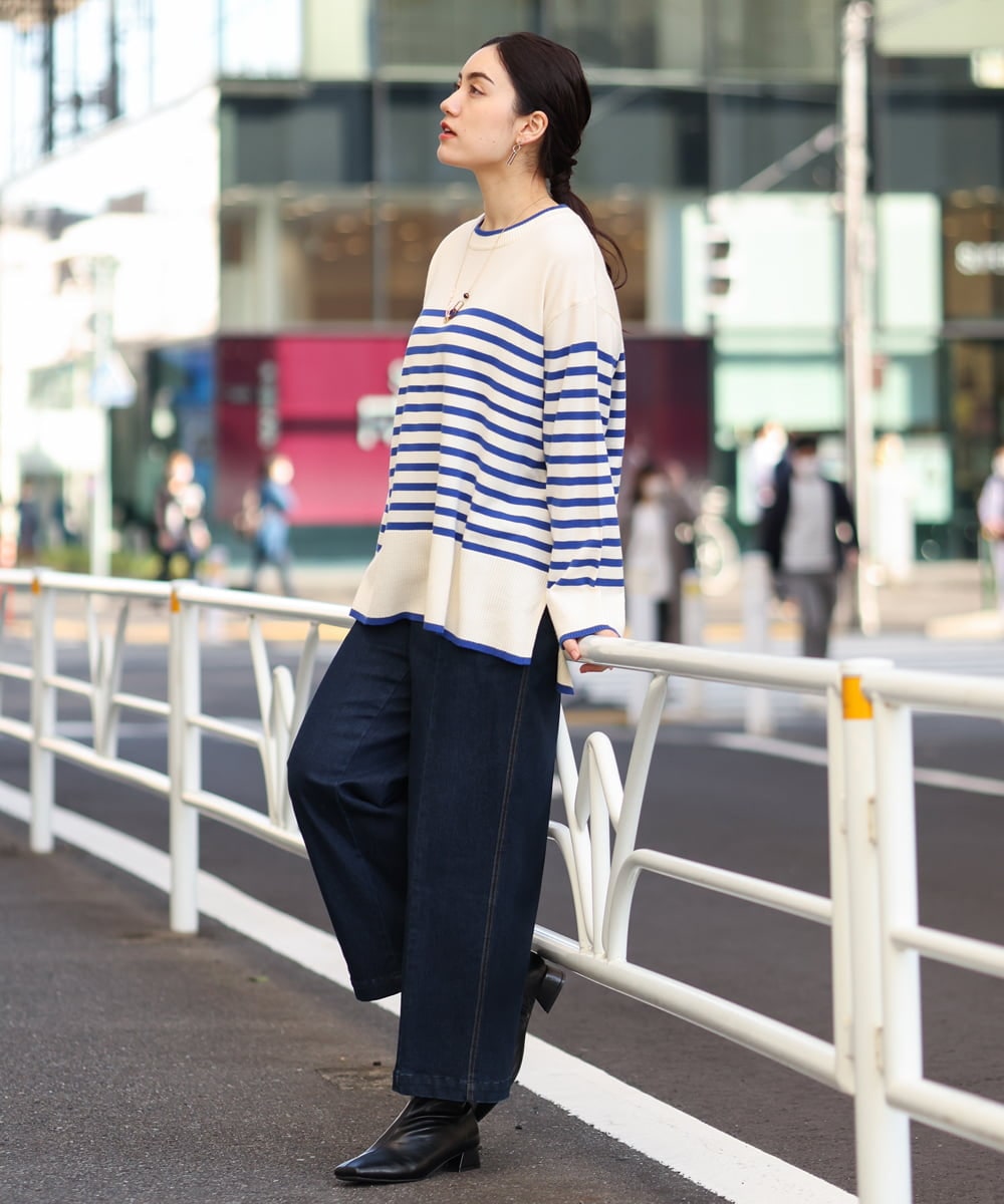 OLFBS17080 eur3(エウルキューブ) 【大きいサイズ】バスクボーダーニット ブルー(55)(WEB限定カラー)