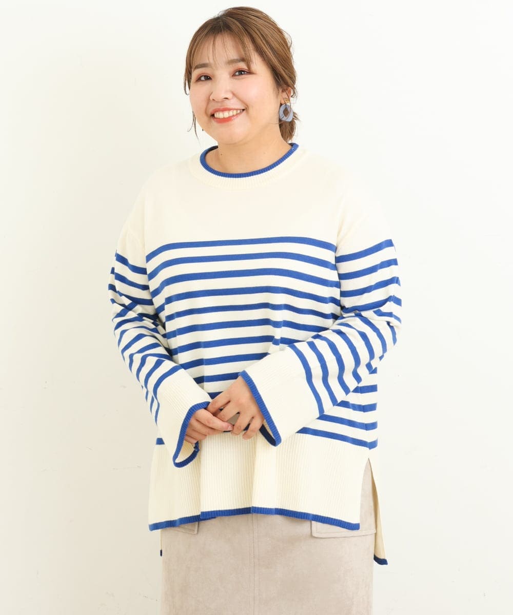 OLFBS17080 eur3(エウルキューブ) 【大きいサイズ】バスクボーダーニット ブルー(55)(WEB限定カラー)