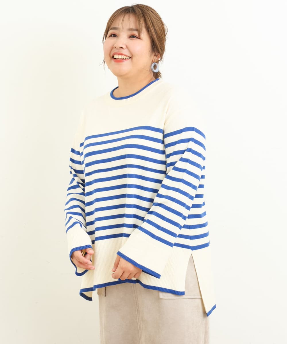 OLFBS17080 eur3(エウルキューブ) 【大きいサイズ】バスクボーダーニット ブルー(55)(WEB限定カラー)