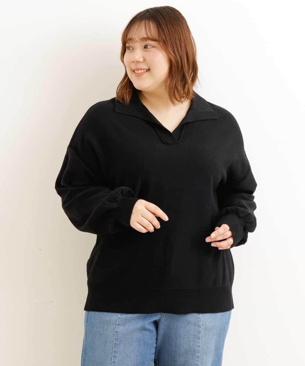 OLFCP02080 eur3(エウルキューブ) 【大きいサイズ】衿付きカラーニット ブラック(94)（WEB限定カラー）