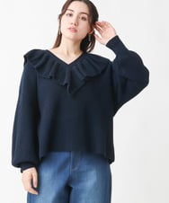 OLFCV05079 eur3(エウルキューブ) 【大きいサイズ/a.v.v×eur3】Vネックフリル襟ニット ネイビー(57)