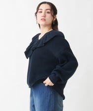 OLFCV05079 eur3(エウルキューブ) 【大きいサイズ/a.v.v×eur3】Vネックフリル襟ニット ネイビー(57)