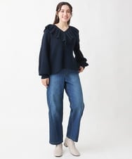 OLFCV05079 eur3(エウルキューブ) 【大きいサイズ/a.v.v×eur3】Vネックフリル襟ニット ネイビー(57)