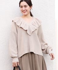 OLFCV05079 eur3(エウルキューブ) 【大きいサイズ/a.v.v×eur3】Vネックフリル襟ニット ベージュ(82)