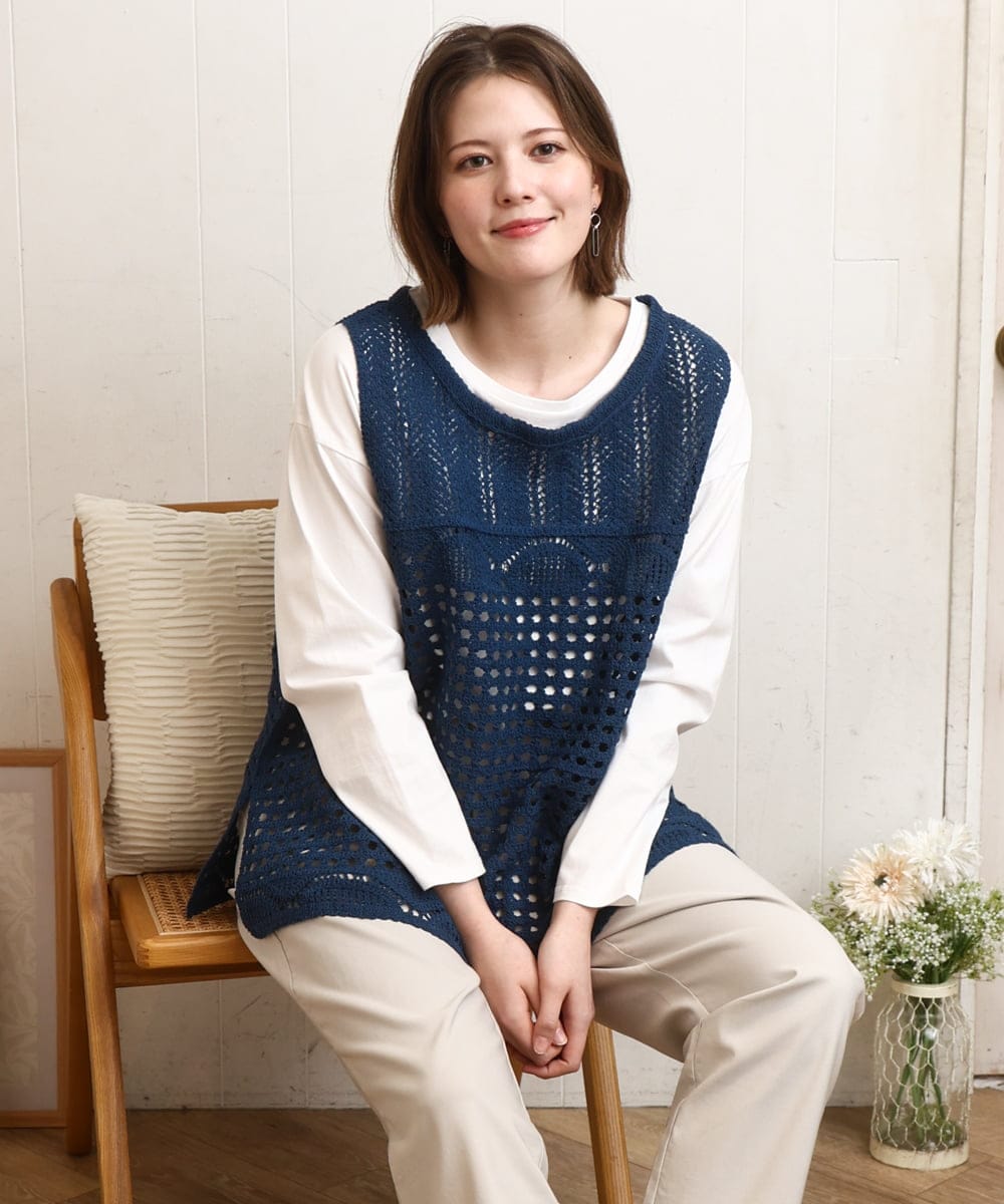 OLFDD06089 eur3(エウルキューブ) 【大きいサイズ】かぎ針風レースベスト ブルー