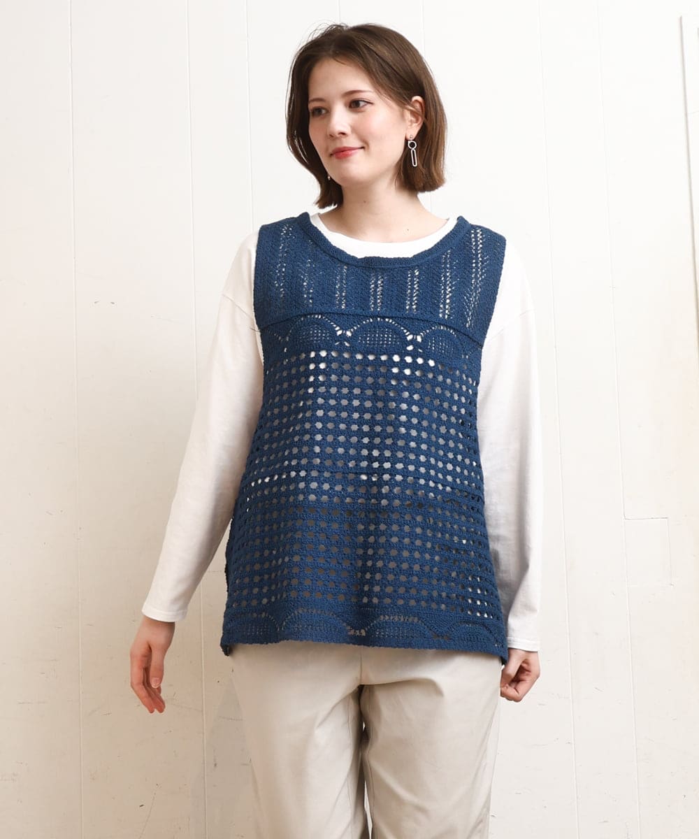 OLFDD06089 eur3(エウルキューブ) 【大きいサイズ】かぎ針風レースベスト ブルー