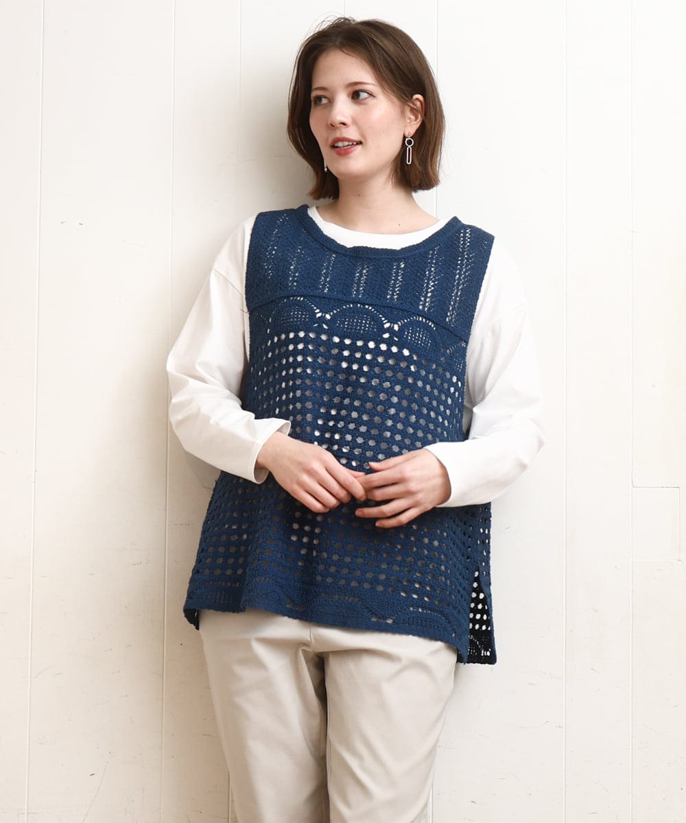 OLFDD06089 eur3(エウルキューブ) 【大きいサイズ】かぎ針風レースベスト ブルー