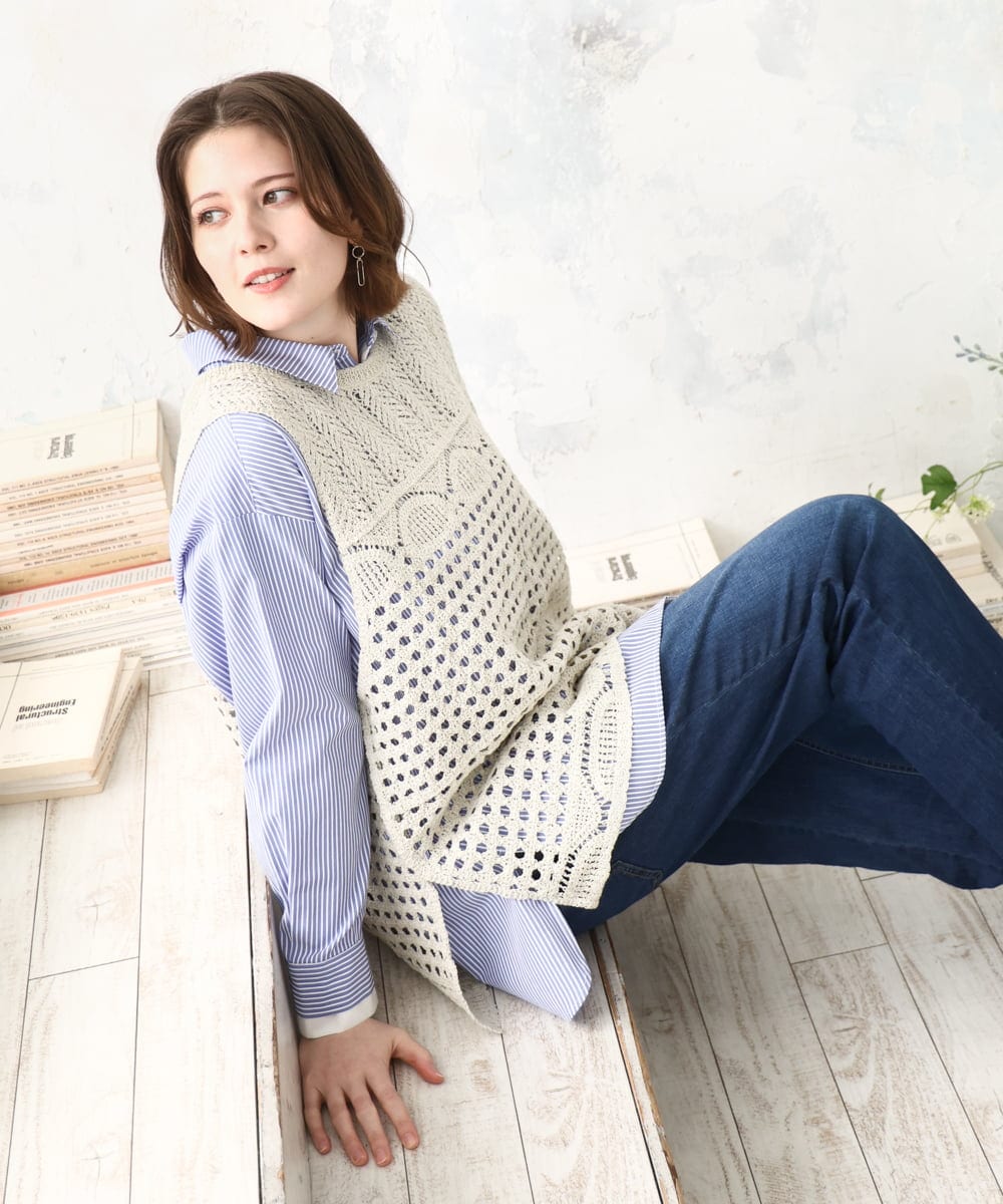 OLFDD06089 eur3(エウルキューブ) 【大きいサイズ】かぎ針風レースベスト グレージュ