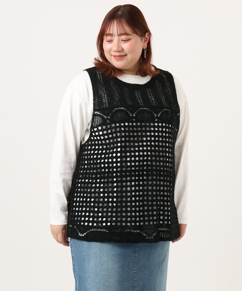 OLFDD06089 eur3(エウルキューブ) 【大きいサイズ】かぎ針風レースベスト ブラック