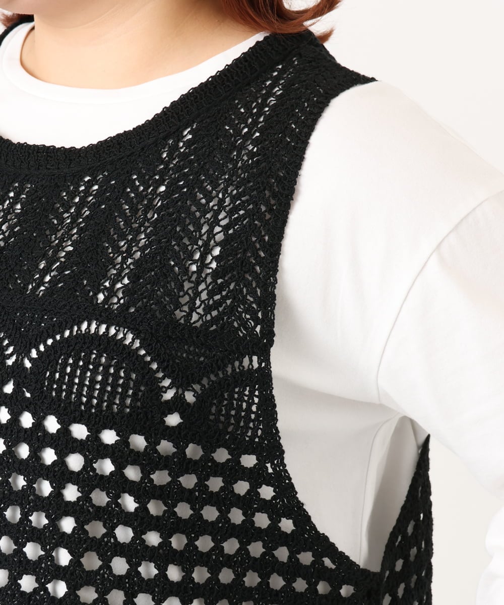 OLFDD06089 eur3(エウルキューブ) 【大きいサイズ】かぎ針風レースベスト ブラック