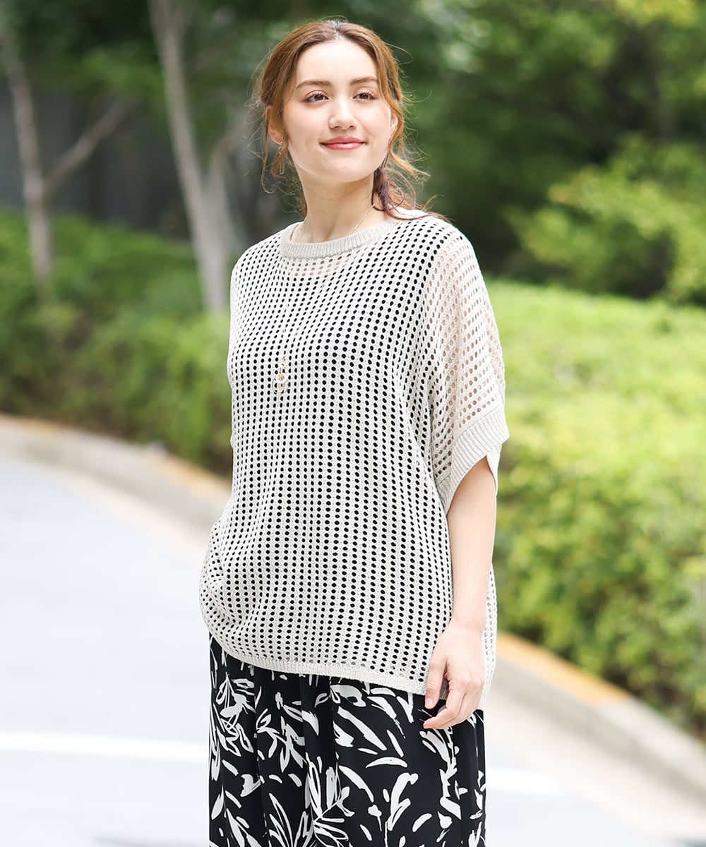OLFGA08079 eur3(エウルキューブ) 【WEB先行販売】【大きいサイズ/a.v.v×eur3】ラメメッシュニットプルオーバー ベージュ(82)