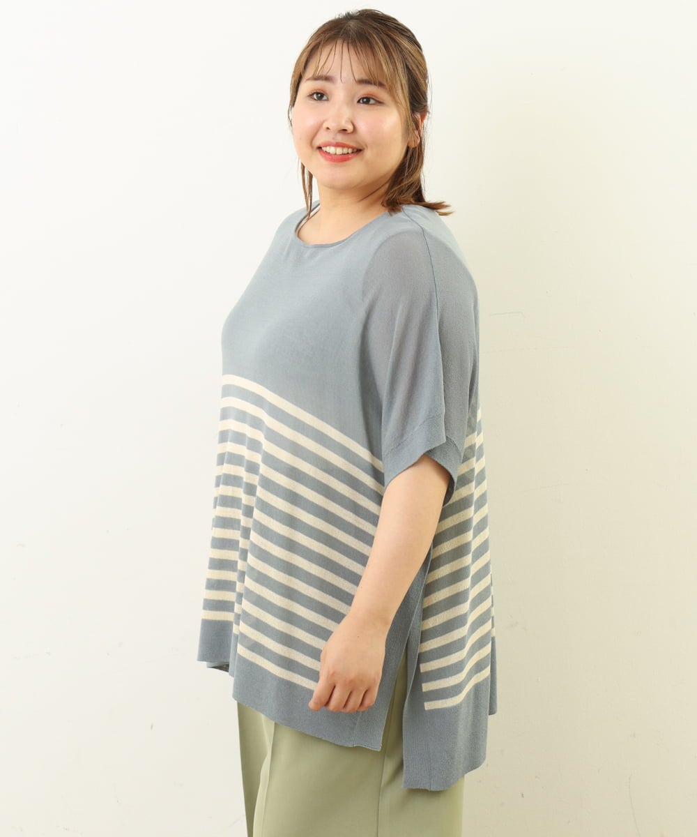 OLFGP07070 eur3(エウルキューブ) 【大きいサイズ】ボーダー薄手ポンチョ ライトブルー(50)