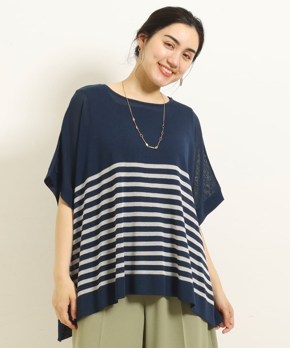 OLFGP07070 eur3(エウルキューブ) 【大きいサイズ】ボーダー薄手ポンチョ ネイビー(57)(WEB限定カラー)