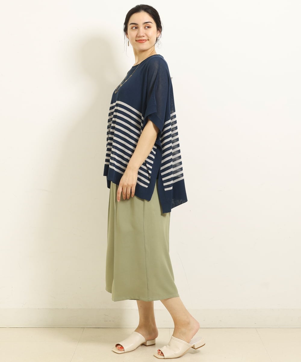OLFGP07070 eur3(エウルキューブ) 【大きいサイズ】ボーダー薄手ポンチョ ネイビー(57)(WEB限定カラー)