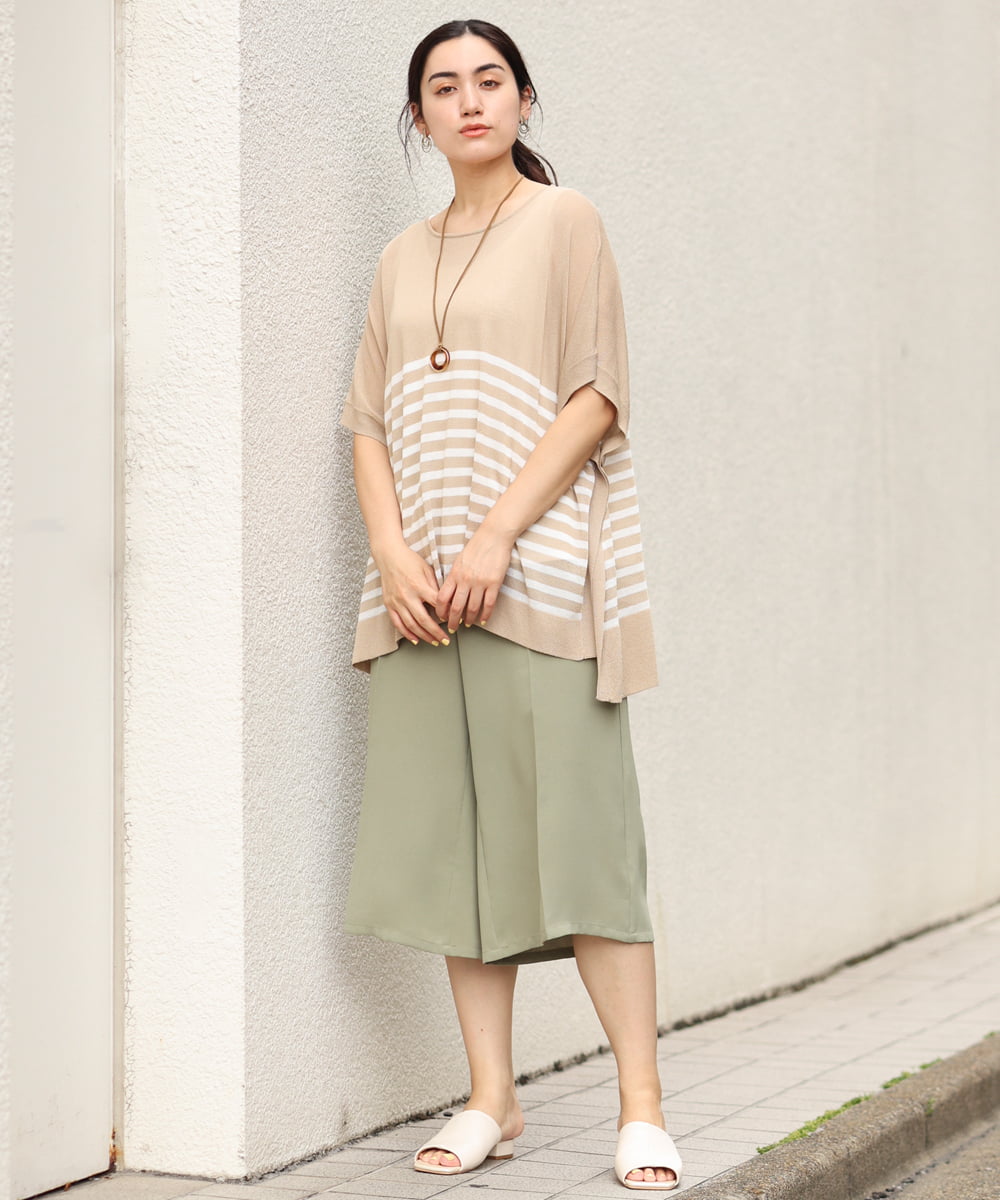 OLFGP07070 eur3(エウルキューブ) 【大きいサイズ】ボーダー薄手ポンチョ ベージュ(82)