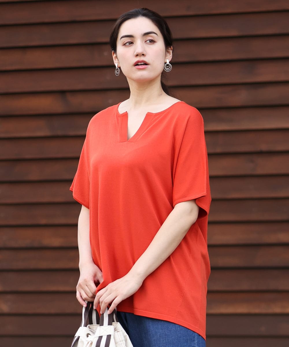 OLFHS09060 eur3(エウルキューブ) 【大きいサイズ/a.v.v×eur3】キーネックサマーニット オレンジ(15)