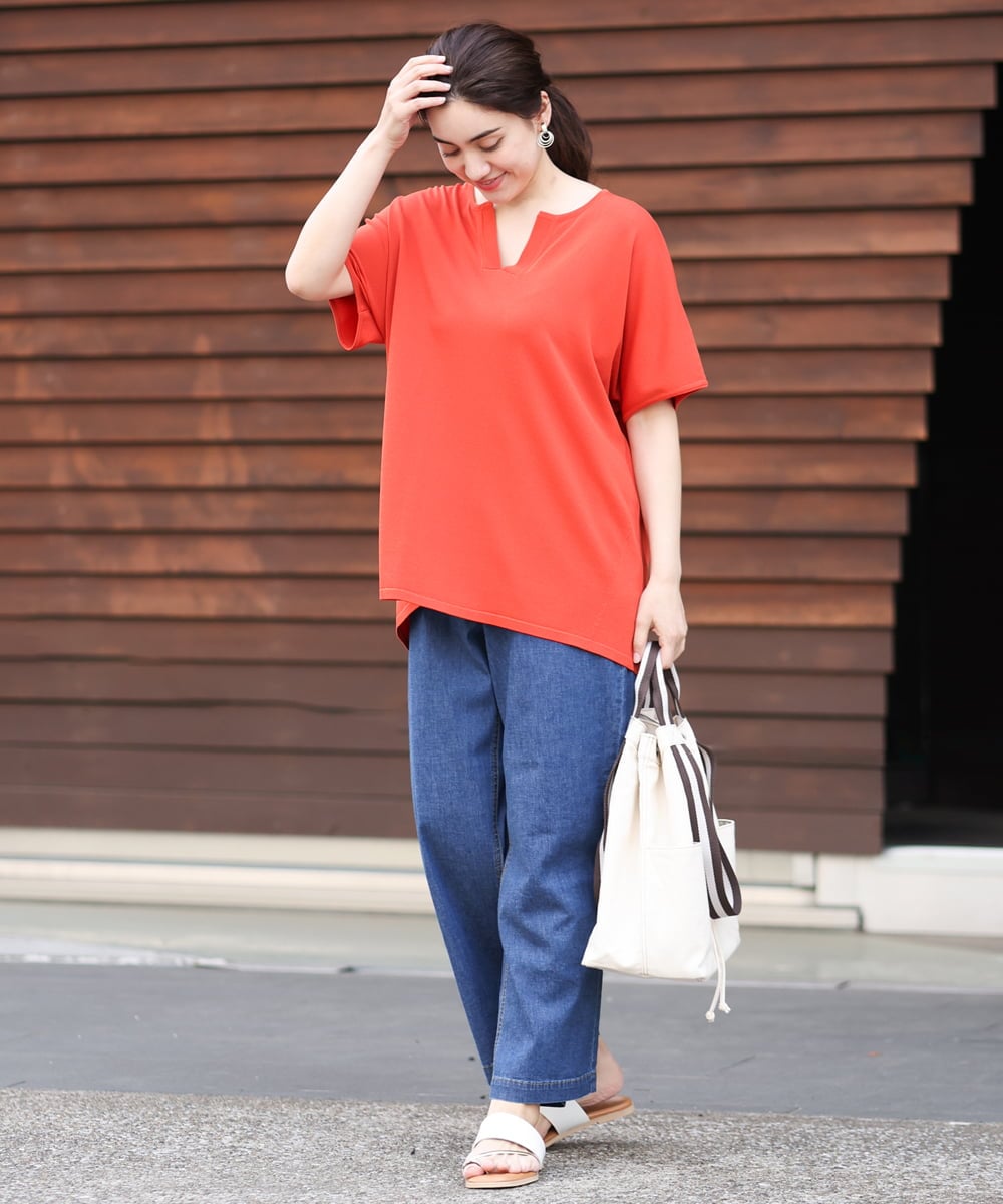 OLFHS09060 eur3(エウルキューブ) 【大きいサイズ/a.v.v×eur3】キーネックサマーニット オレンジ(15)