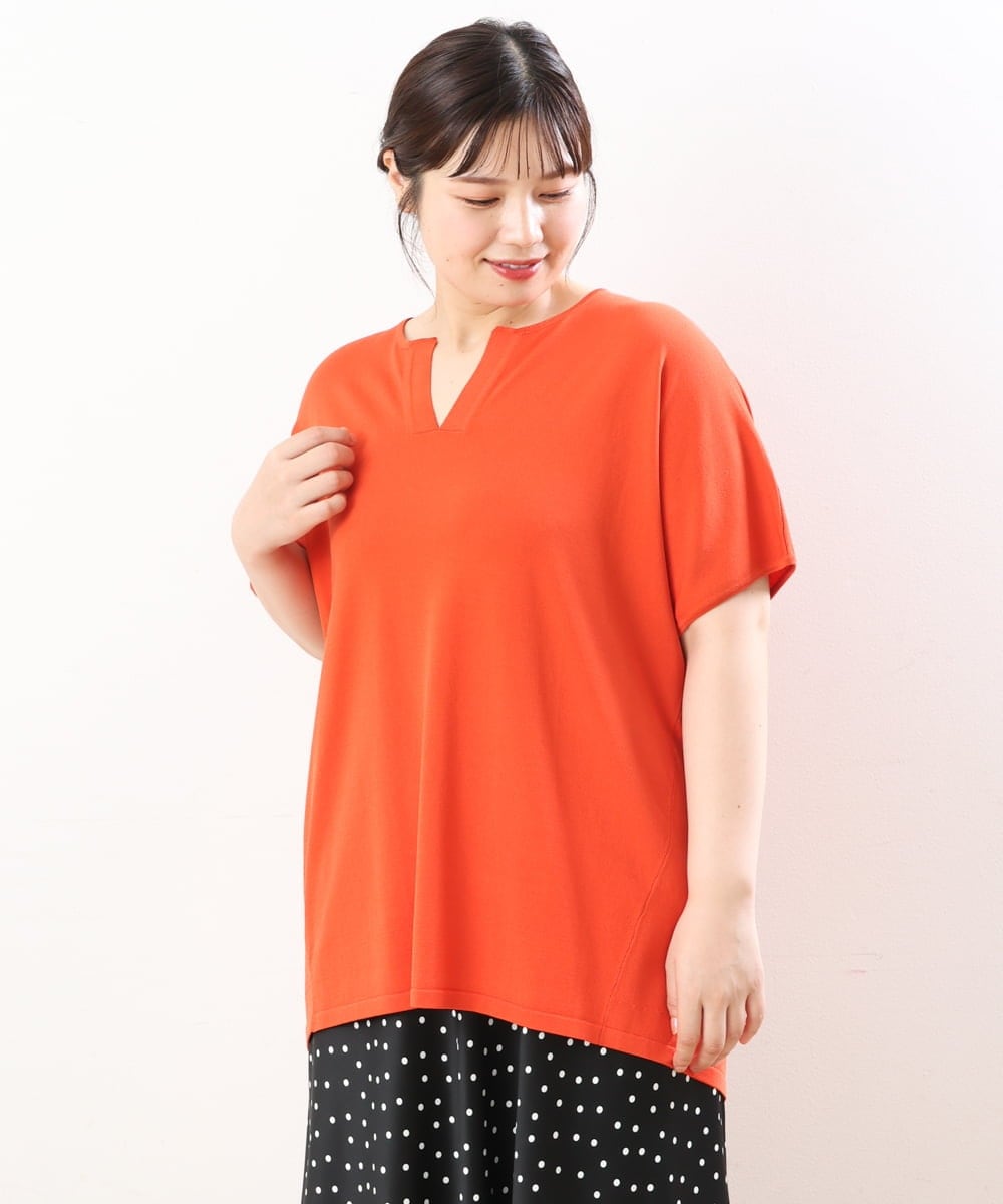 OLFHS09060 eur3(エウルキューブ) 【大きいサイズ/a.v.v×eur3】キーネックサマーニット オレンジ(15)