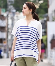 OLFHS09060 eur3(エウルキューブ) 【大きいサイズ/a.v.v×eur3】キーネックサマーニット ブルー(55)