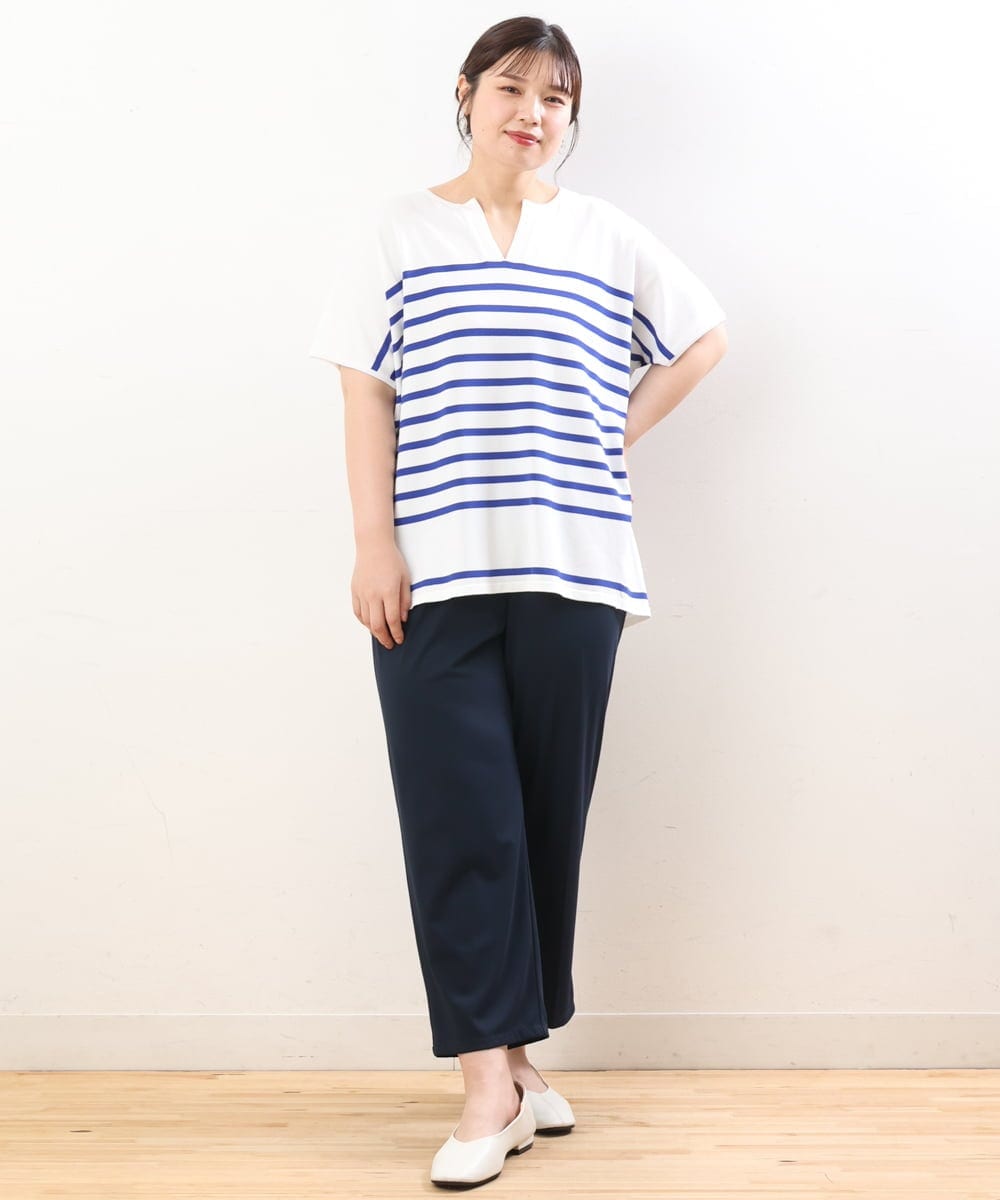 OLFHS09060 eur3(エウルキューブ) 【大きいサイズ/a.v.v×eur3】キーネックサマーニット ブルー(55)