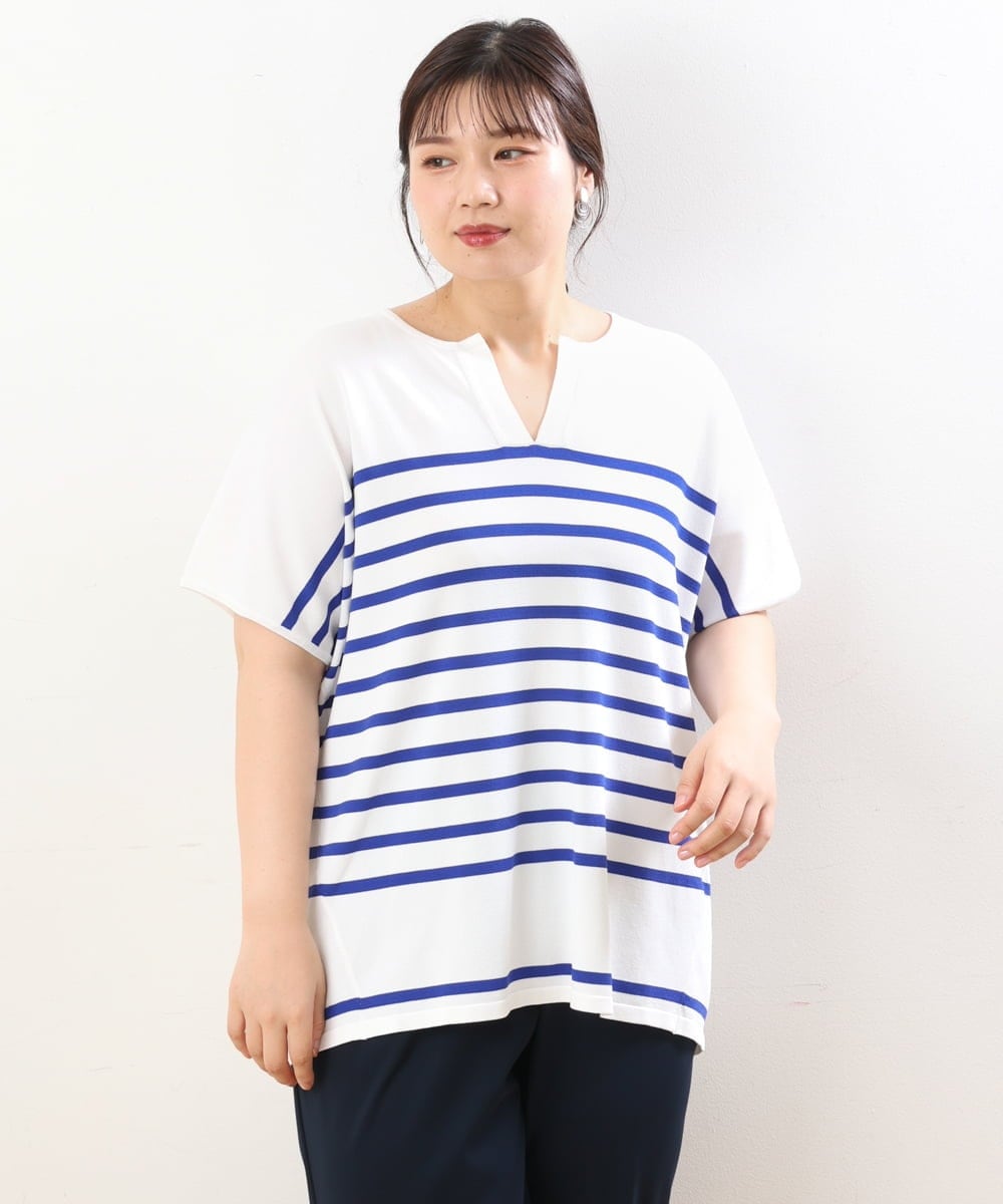 OLFHS09060 eur3(エウルキューブ) 【大きいサイズ/a.v.v×eur3】キーネックサマーニット ブルー(55)