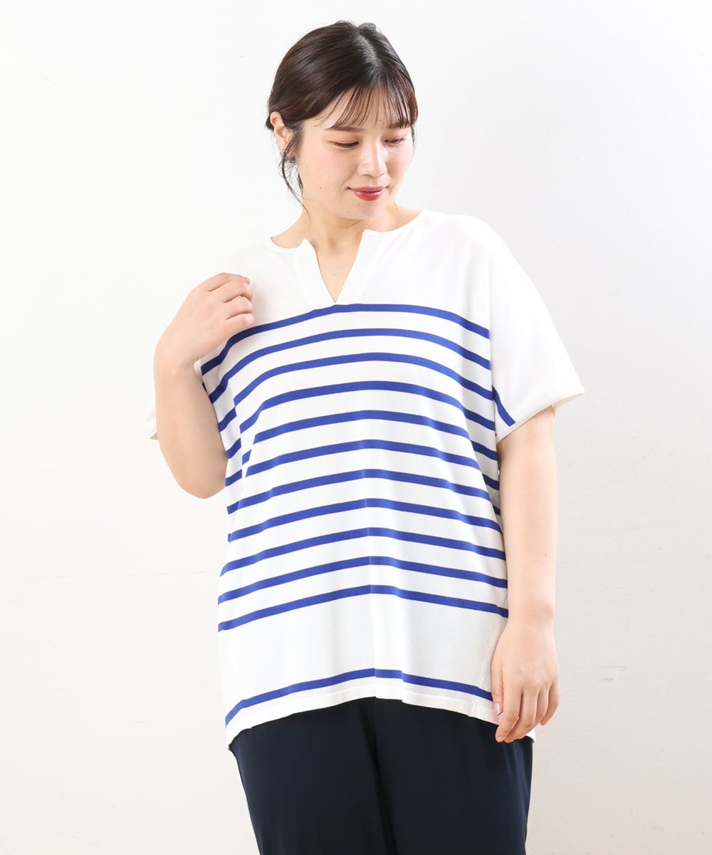 OLFHS09060 eur3(エウルキューブ) 【大きいサイズ/a.v.v×eur3】キーネックサマーニット ブルー(55)