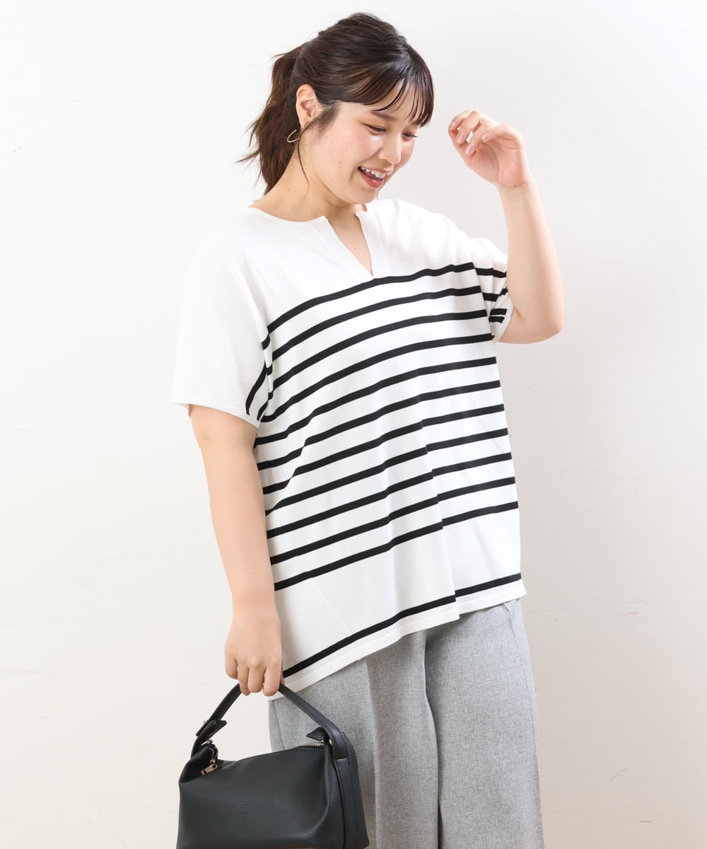 OLFHS09060 eur3(エウルキューブ) 【大きいサイズ/a.v.v×eur3】キーネックサマーニット ホワイト(90)