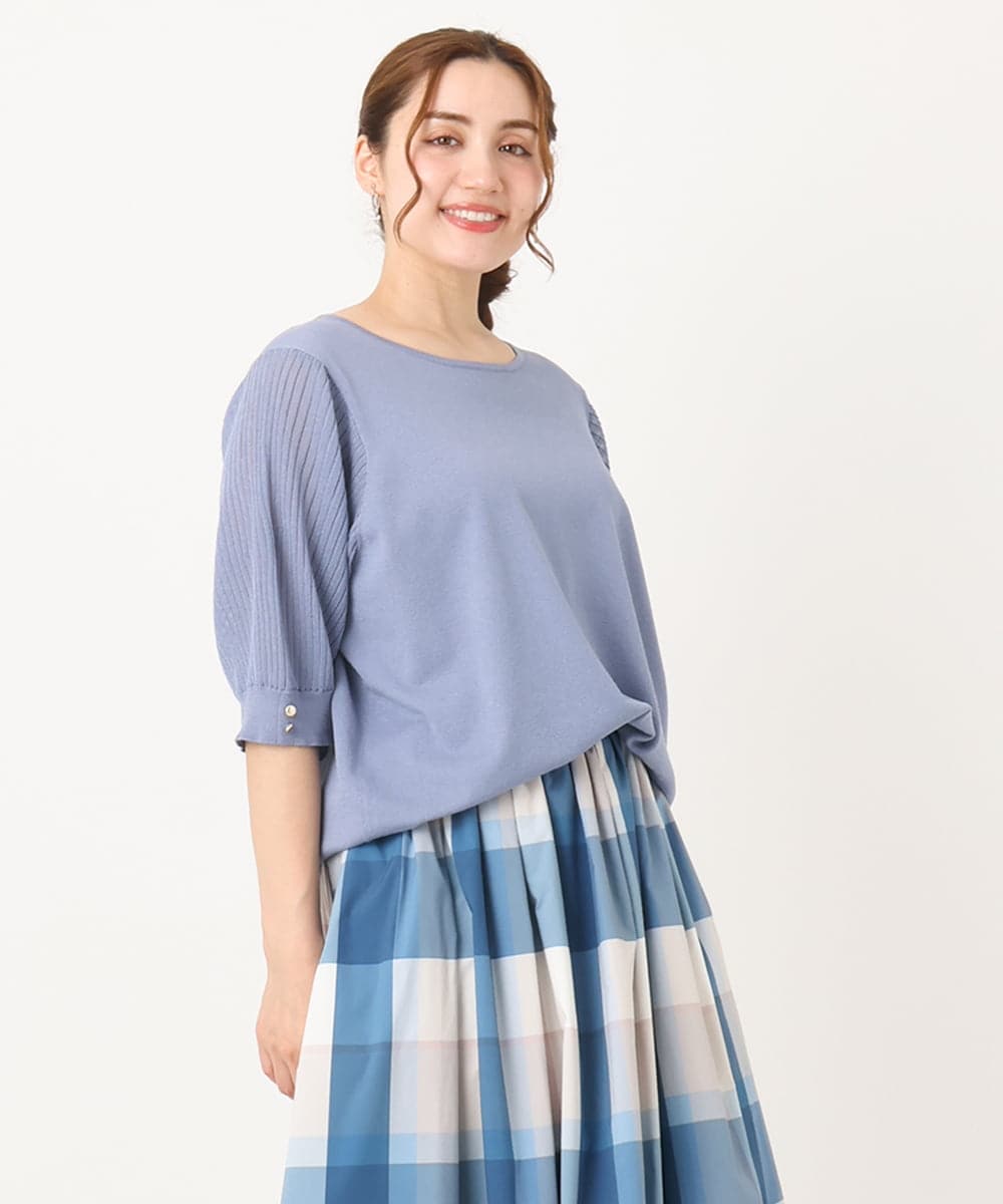 OLFIA04079 eur3(エウルキューブ) 【大きいサイズ/a.v.v×eur3】プリーツスリーブサマーニット ライトブルー(50)