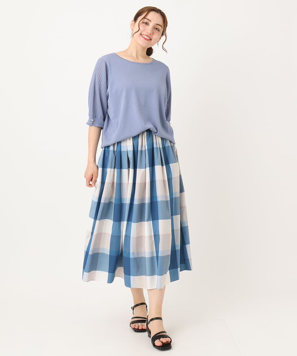 OLFIA04079 eur3(エウルキューブ) 【大きいサイズ/a.v.v×eur3】プリーツスリーブサマーニット ライトブルー(50)