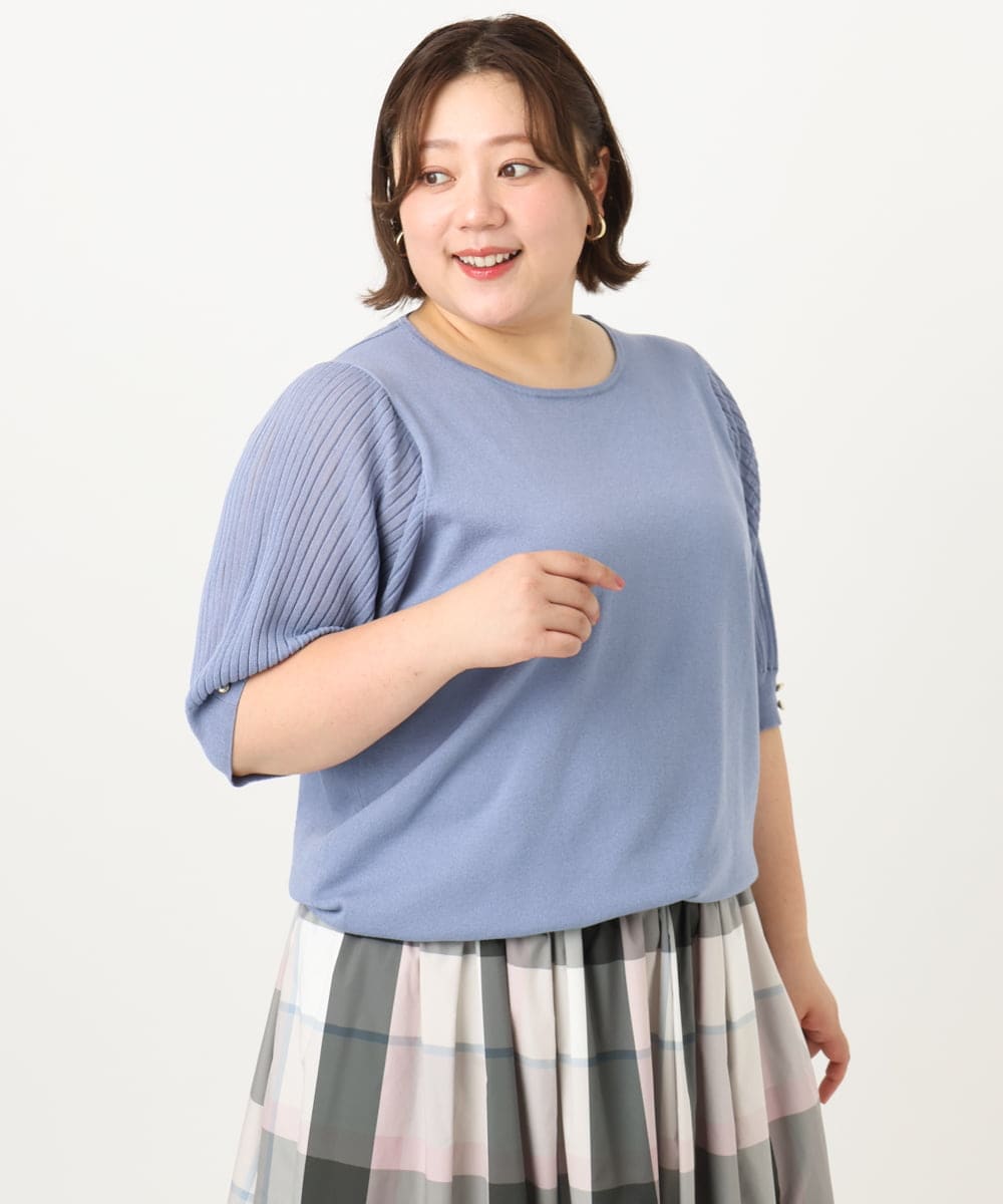 OLFIA04079 eur3(エウルキューブ) 【大きいサイズ/a.v.v×eur3】プリーツスリーブサマーニット ライトブルー(50)