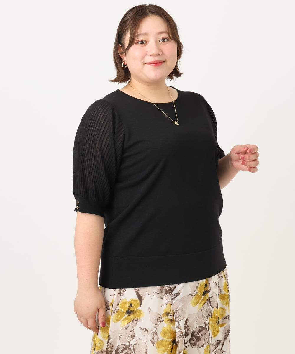 OLFIA04079 eur3(エウルキューブ) 【大きいサイズ/a.v.v×eur3】プリーツスリーブサマーニット ブラック(94)