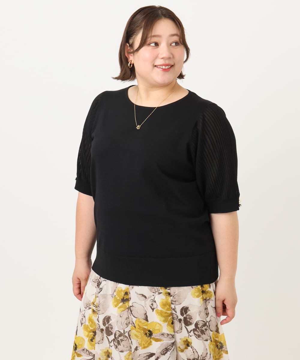 OLFIA04079 eur3(エウルキューブ) 【大きいサイズ/a.v.v×eur3】プリーツスリーブサマーニット ブラック(94)