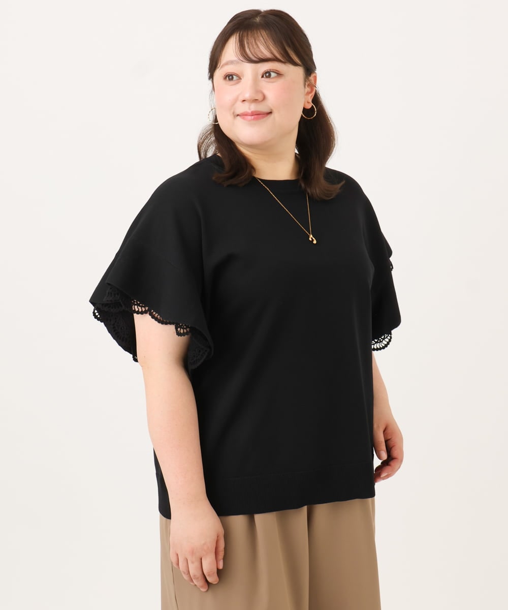 OLFID10079 eur3(エウルキューブ) 【WEB先行販売】【大きいサイズ/a.v.v×eur3】袖レースサマーニット ブラック