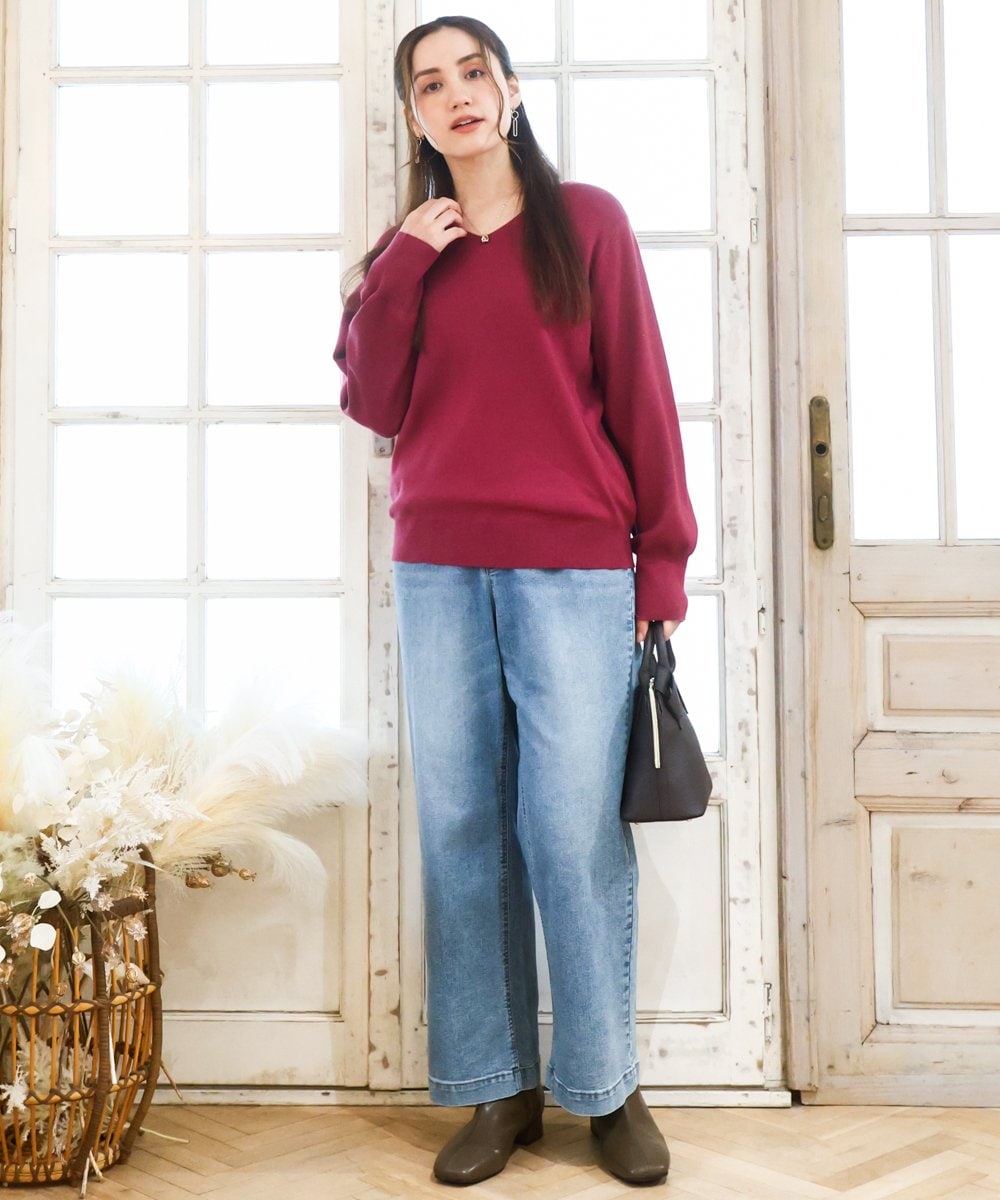 OLFLA03054 eur3(エウルキューブ) 【大きいサイズ/新色追加】Vネックパフスリーブニット ピンク(03)