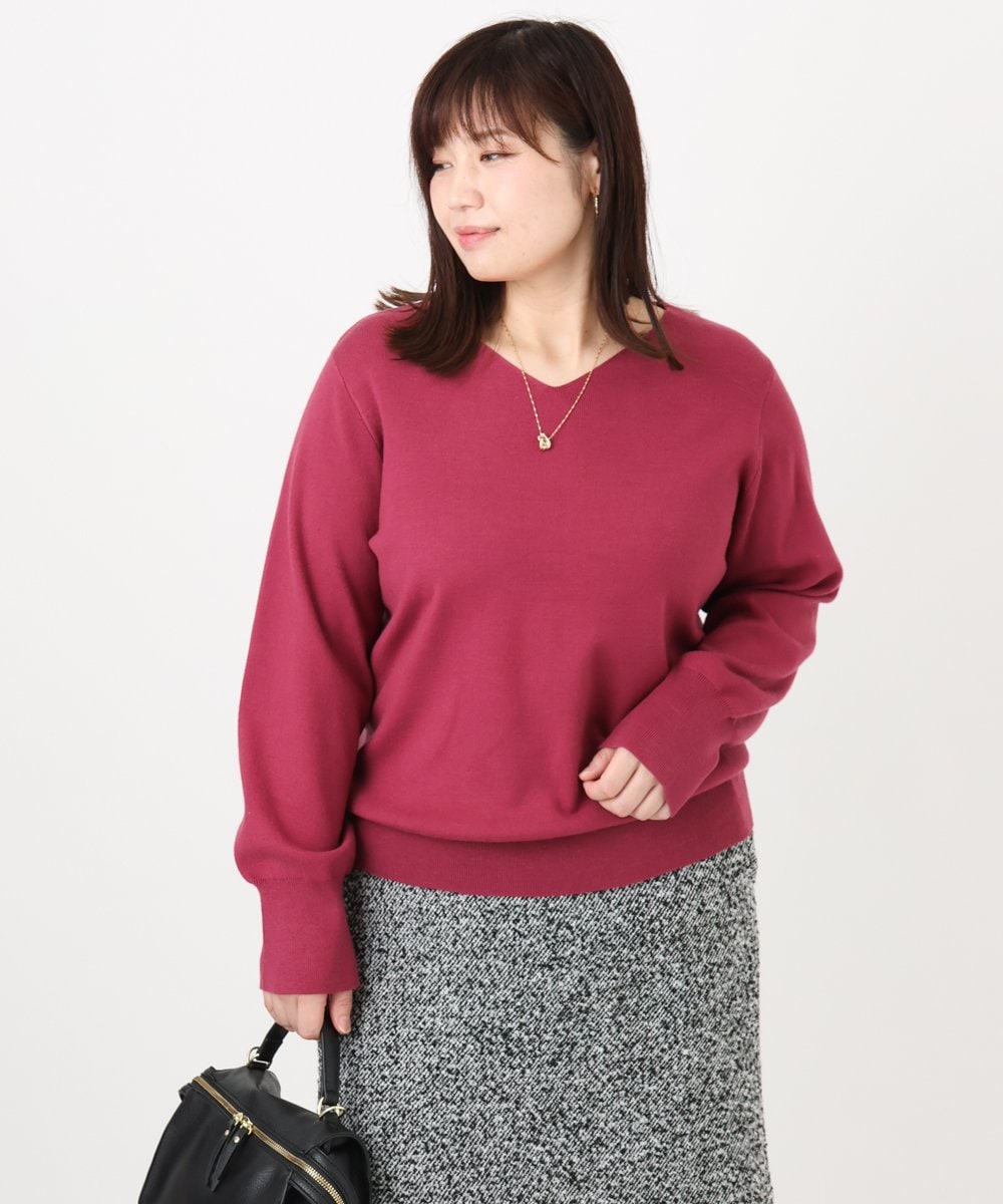 OLFLA03054 eur3(エウルキューブ) 【大きいサイズ/新色追加】Vネックパフスリーブニット ピンク(03)