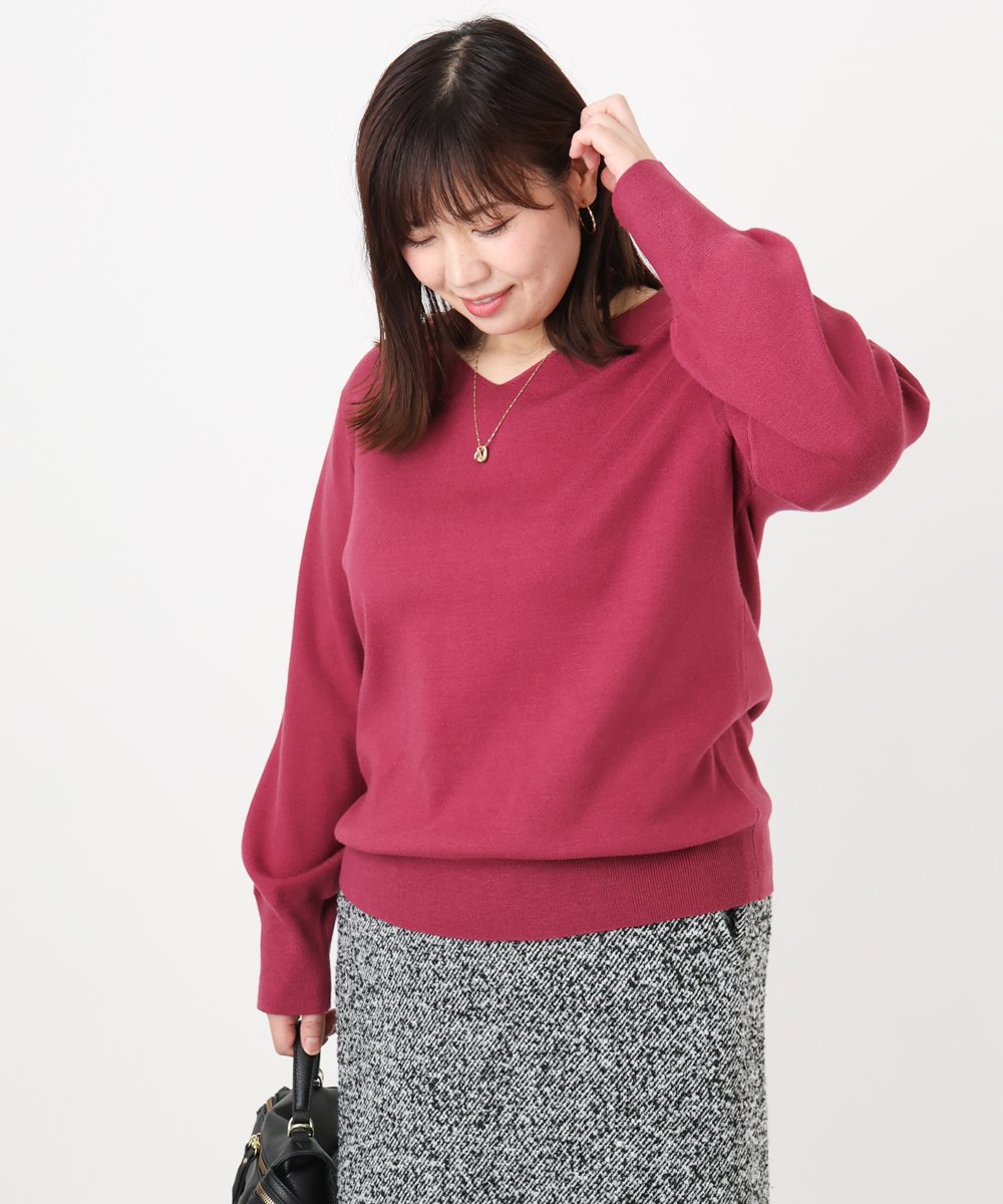 OLFLA03054 eur3(エウルキューブ) 【大きいサイズ/新色追加】Vネックパフスリーブニット ピンク(03)
