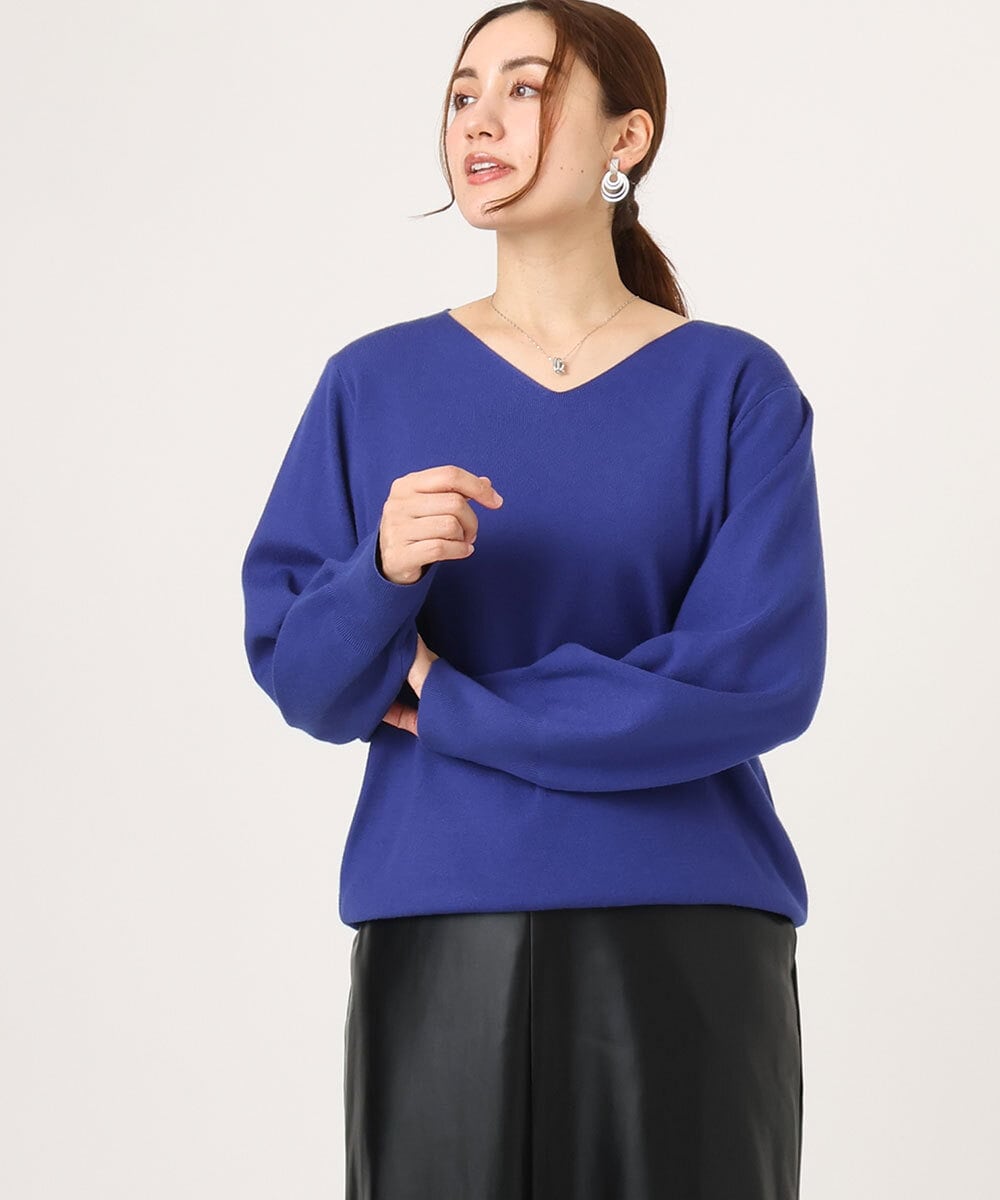 OLFLA03054 eur3(エウルキューブ) 【WEB先行販売】【大きいサイズ】Vネックパフスリーブニット ブルー(55)