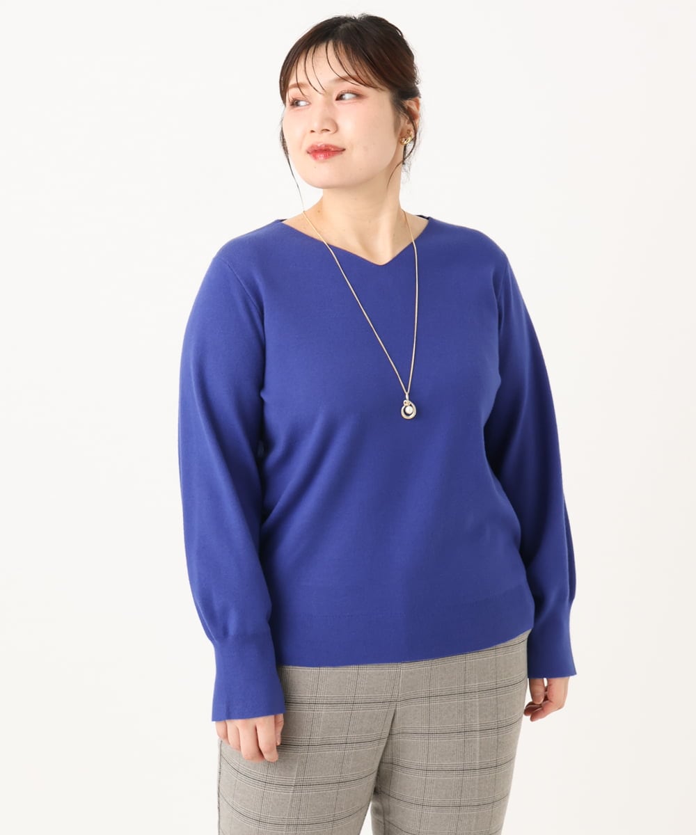 OLFLA03054 eur3(エウルキューブ) 【WEB先行販売】【大きいサイズ】Vネックパフスリーブニット ブルー(55)