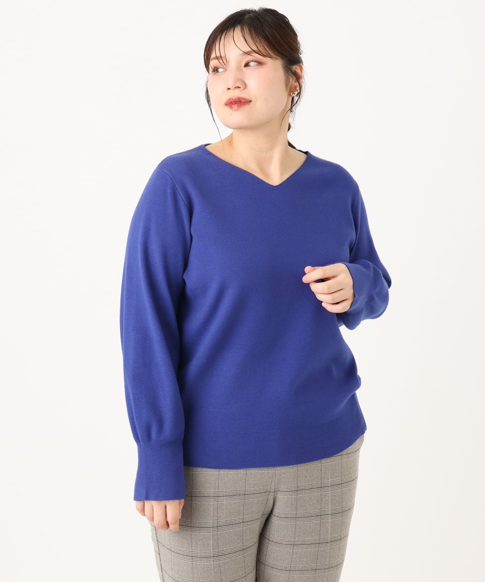 OLFLA03054 eur3(エウルキューブ) 【WEB先行販売】【大きいサイズ】Vネックパフスリーブニット ブルー(55)