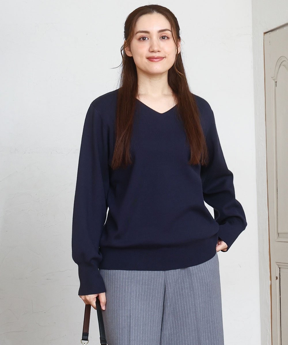 OLFLA03054 eur3(エウルキューブ) 【大きいサイズ/新色追加】Vネックパフスリーブニット ネイビー(57)