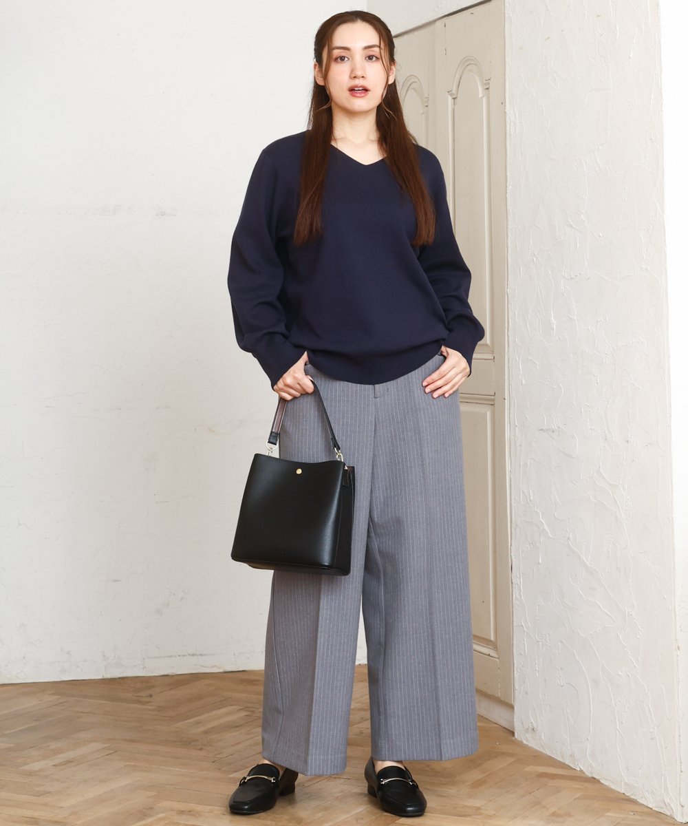 OLFLA03054 eur3(エウルキューブ) 【大きいサイズ/新色追加】Vネックパフスリーブニット ネイビー(57)